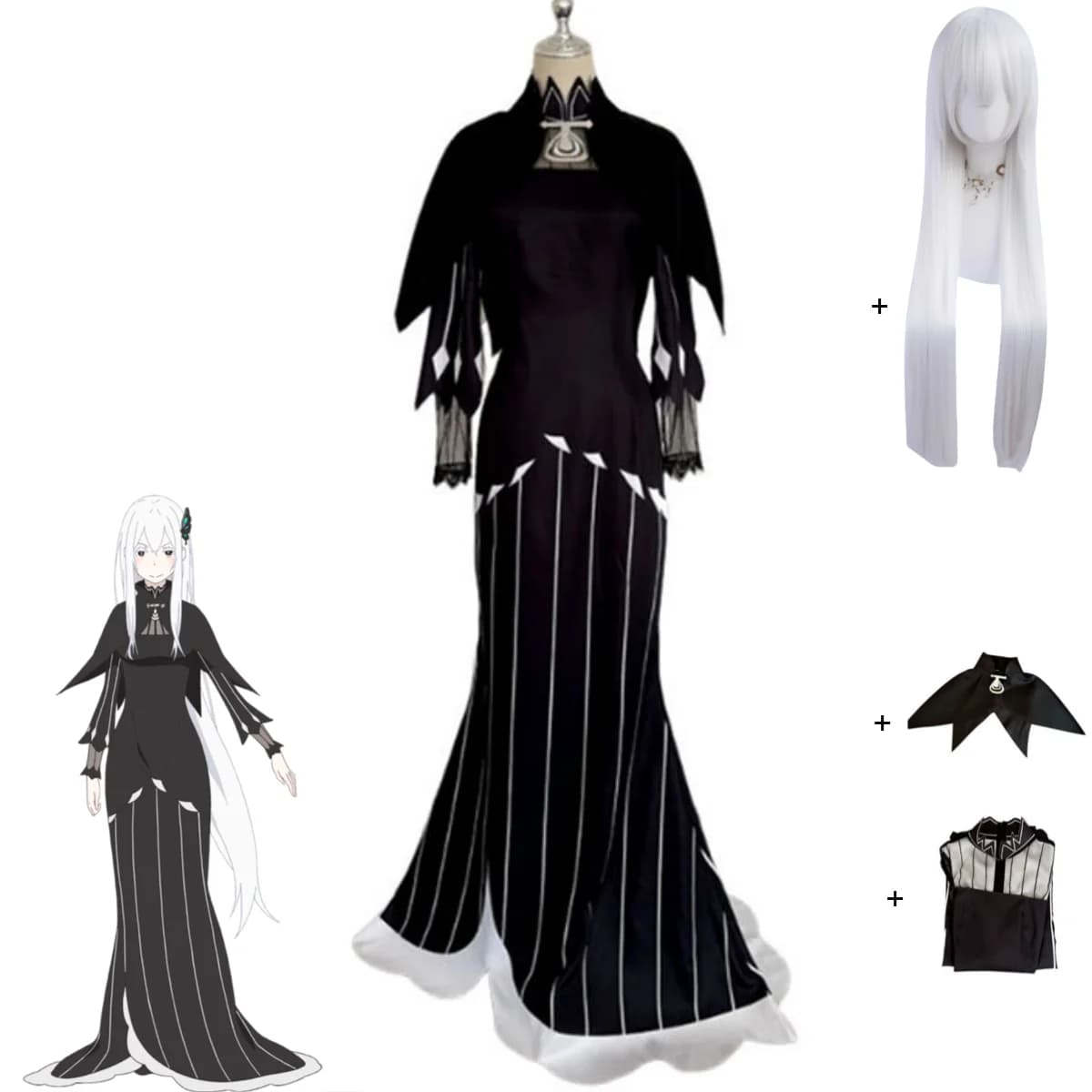 Anime Re: Vita in un mondo diverso da Zero Echidna Costume cosplay Abito da sera nero Gonna lunga Parrucca Donna Abito di carnevale sexy