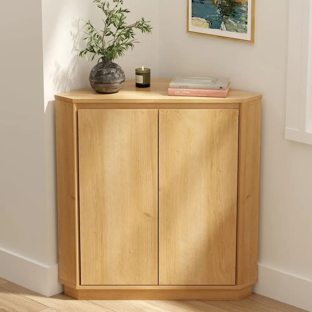 Modern corner cabinet without handles with 2 doors and 2 shelves, tight self-supporting organizer for living room and kitchen