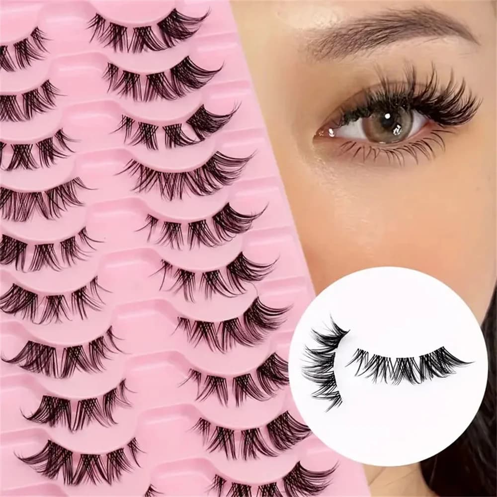 10 pairs of thin cluster eyelashes for a natural look of cat's eye - Fake eyelashes for Korean short anime makeup