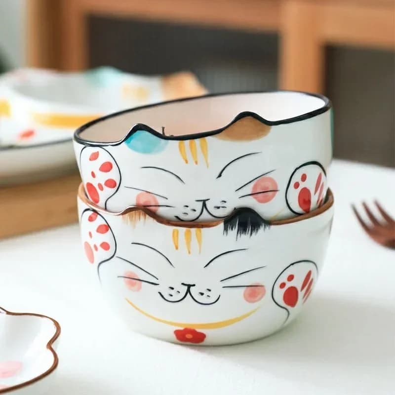 Bellissimo cartone animato per bambini, gatto della fortuna, stoviglie, una ciotola da pranzo per la casa di una coppia, un simpatico piatto da pranzo in ceramica, piatti e piatti
