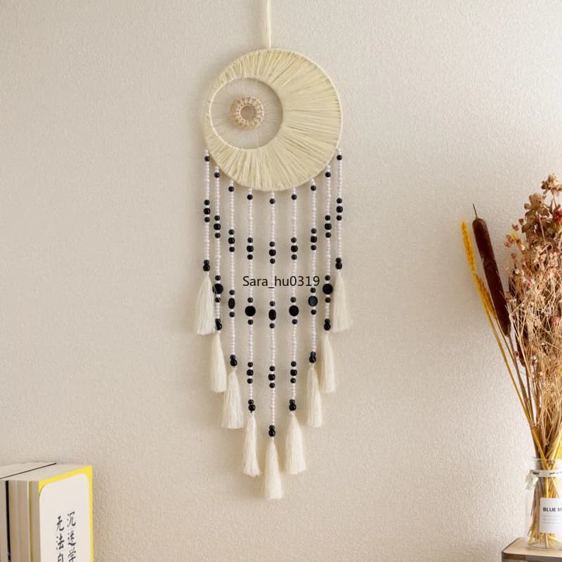 Nordic Hollow Double Circle Macrame Dream Catcher Wood Bead Tassel Wall Hanging for Living Room Bedroom Airbnb Decor