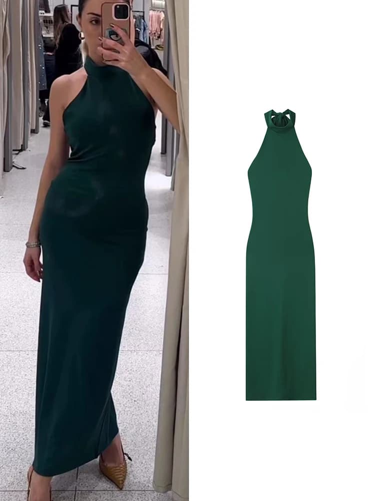 TFMLN Abito da Sera Sexy da Donna Elegante con Halter e Schiena Scoperta, Vestito da Spiaggia per Vacanze, Collezione Estiva 2026, Abito Lungo Monocolore da Donna