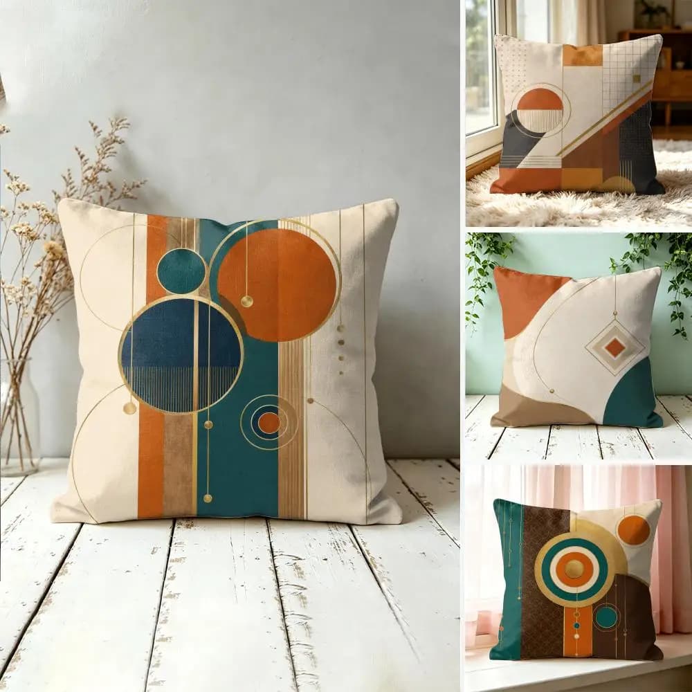 Art Deco Gold Geometric Pillow Case Double-Sided Plush Sofa Cushion Covers Organic Breathable Invisible Zipper