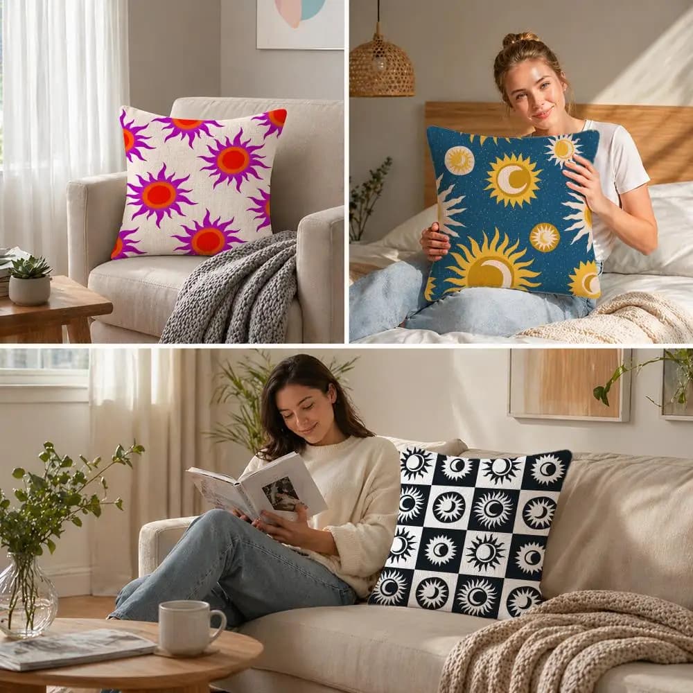 Fodera per cuscino con stampa spirale solare stile hippie, set di federe in lino naturale, decorazione completa per divano, camera da letto e sedia
