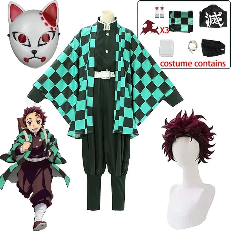 Tanjirou Kamado Cosplay Anime Demone Slayer Kimetsu No Yaiba Costume Cosplay Uniform Haori Kimono Wig Halloween Dress Adult