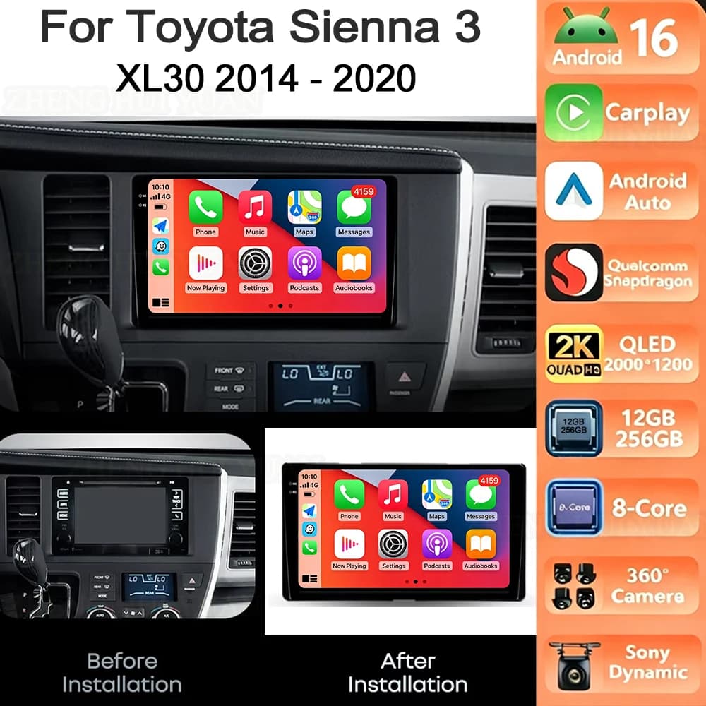 For Toyota Sienna XL30 2015 2016 2017 2018 2019 2020 Android 16 Navigation Car Radio Multimedia Player Stereo Carplay Auto 2K QL