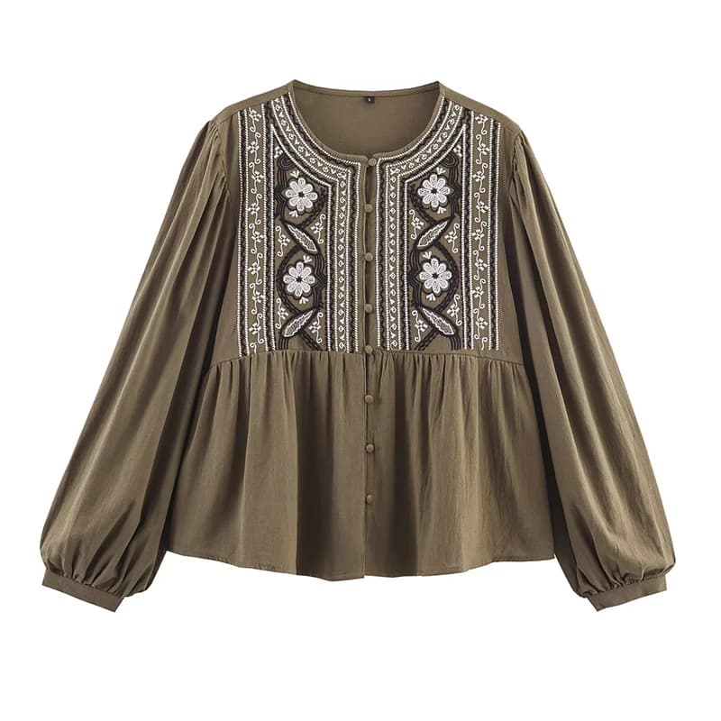 YENKYE Camicia casual vintage con ricamo floreale Donna Bottone frontale O Collo Manica lunga Camicetta primavera autunno Top streetwear femminile