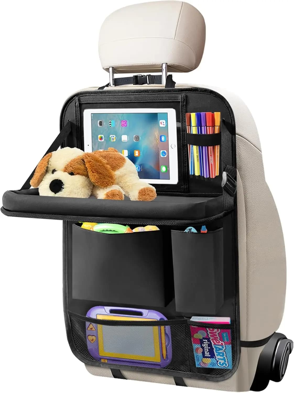 Car Seat Organizer with Tablet Door, 6 Pockets, Foldable Tray, Travel Children's Protection