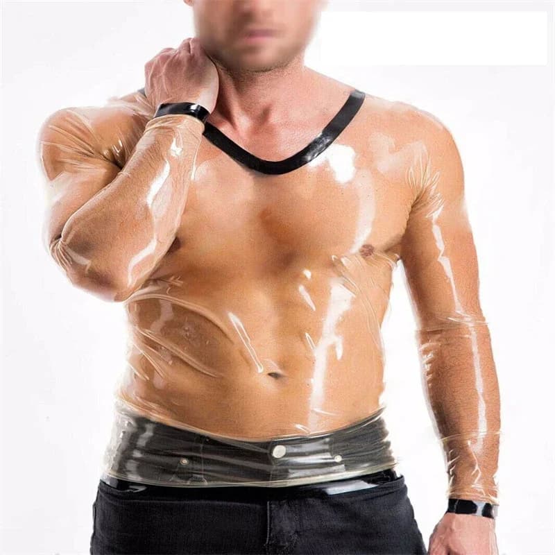 Handmade Transparent Latex Tank Top Clothes with Black Trims Long Sleeveless Rubber Shirt