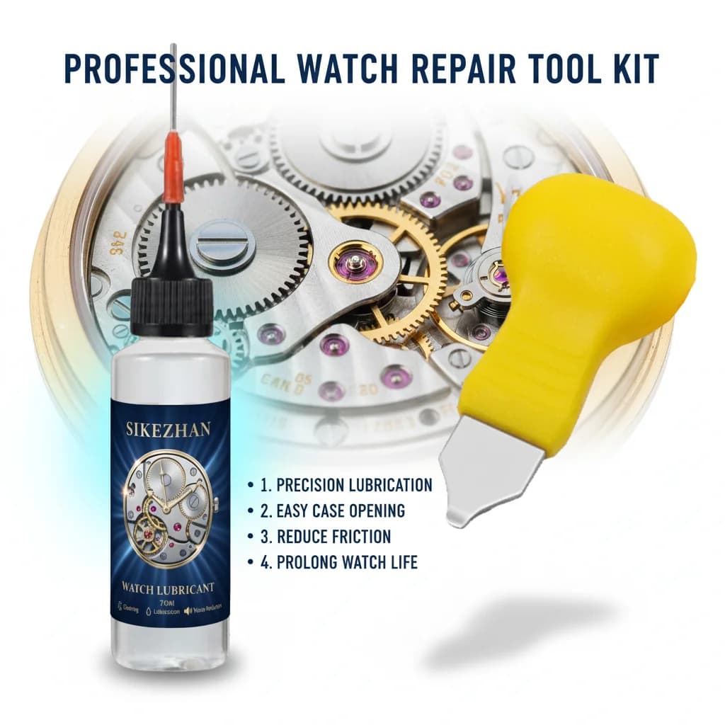 Kit di manutenzione per orologi: olio lubrificante da 70 ml + strumento per aprire il quadrante/la cassa, lubrificante micro-goccia, riduce l'attrito, funzionamento silenzioso, antiruggine
