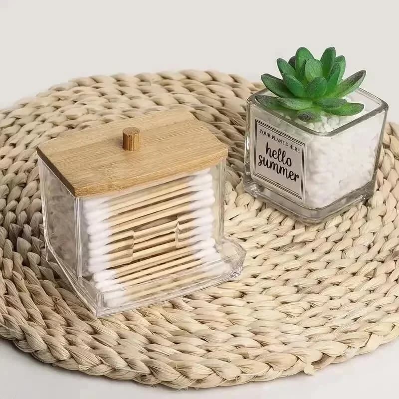 Scatola per tampone di cotone coperchio in bambù trasparente tampone di cotone antipolvere scatola portaoggetti per stuzzicadenti Dispenser visibile per scopi con tampone di cotone