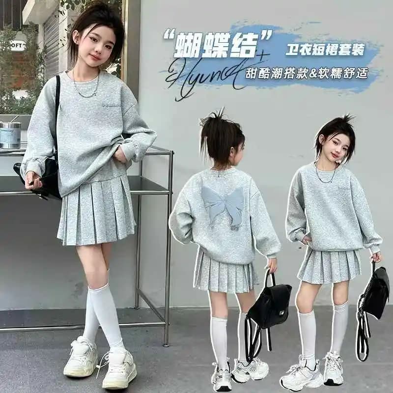 Set Felpa con Fiocco e Minigonna per Ragazze, Primavera-Autunno, Nuova Collezione 2025, Completo con Minigonna Plissettata per Adolescenti