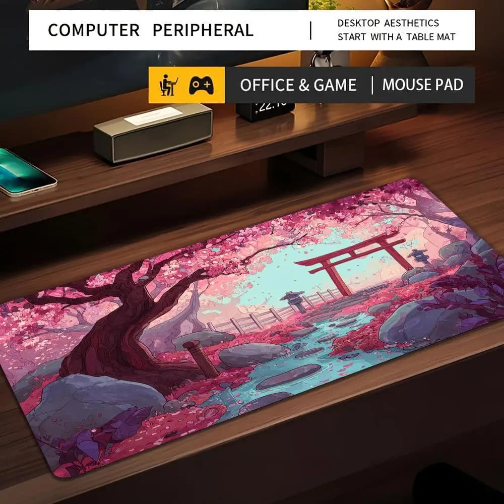 Tappetino per mouse grande Sakura Valley e Torii, tappetino da scrivania antiscivolo e resistente, tappetino per mouse da ufficio e da gioco con bordi cuciti e stampa HD
