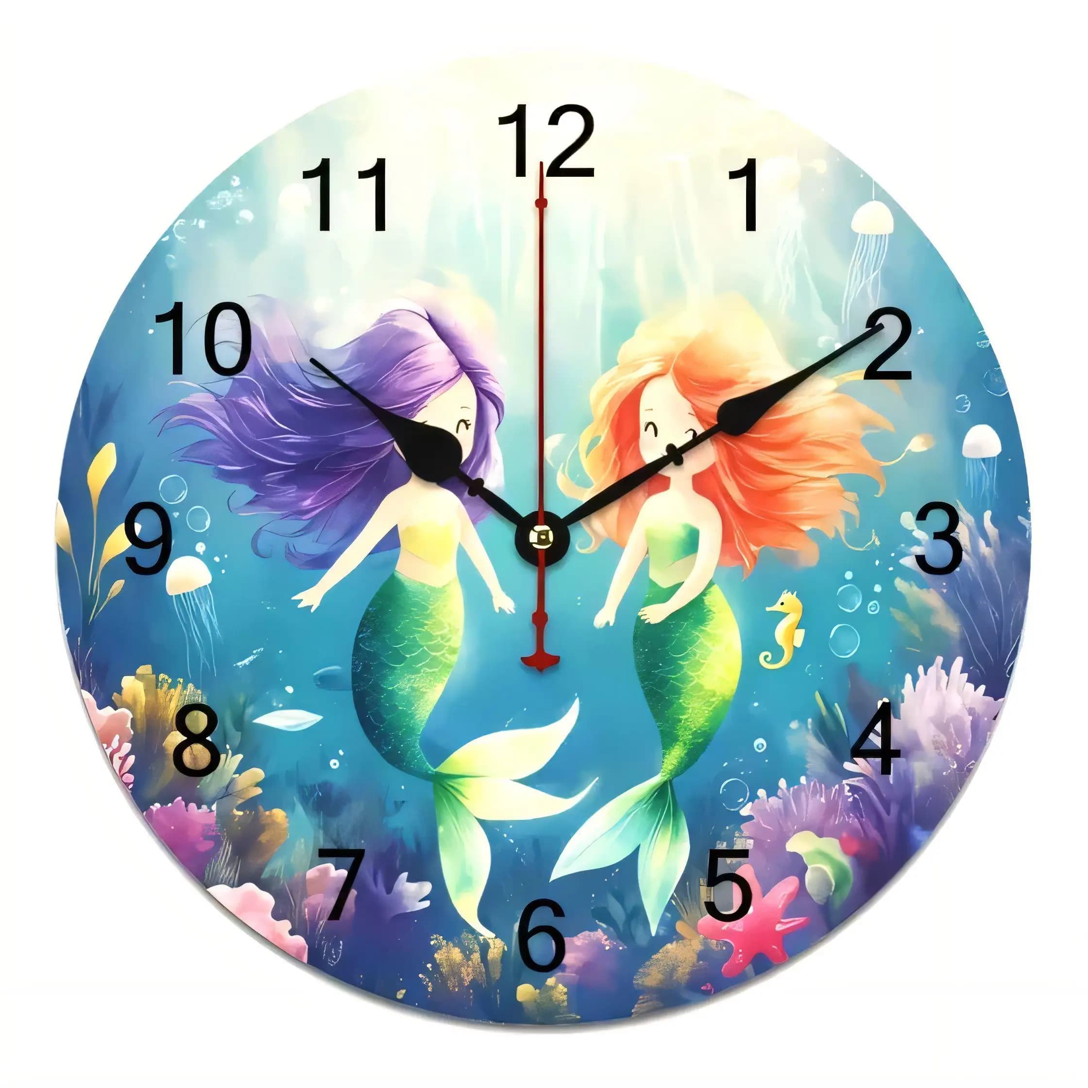 Whimsical Underwater Mermaid Round Wall Clock Cartoon Decor for Kids Room Blue Ocean Coral Sea Creatures