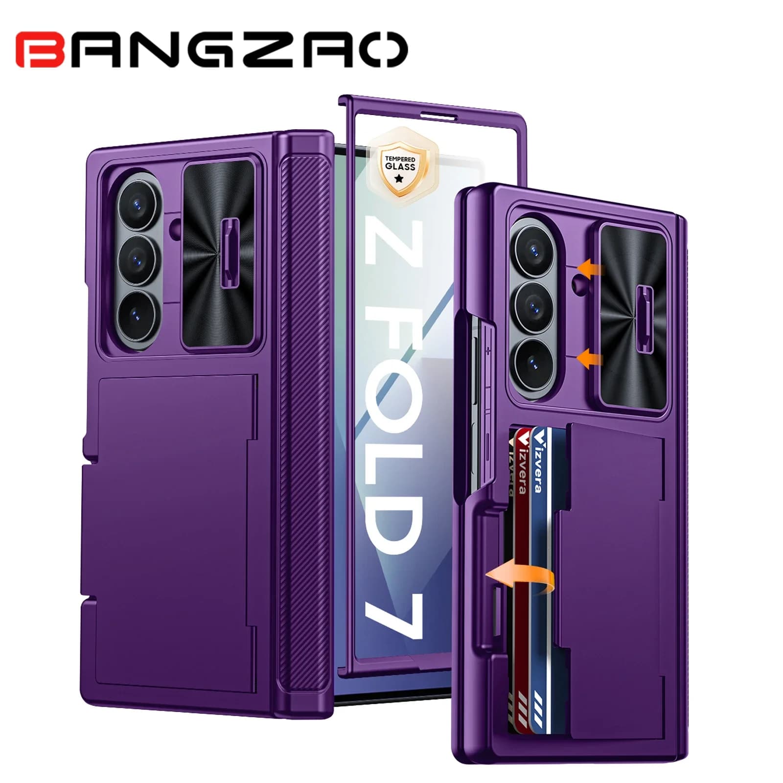 Custodia Antiurto per Galaxy Z Fold 7 con Porta Carte, Copri Fotocamera Scorrevole, Blocco RFID, Protezione da Caduta di Grado Militare - Viola