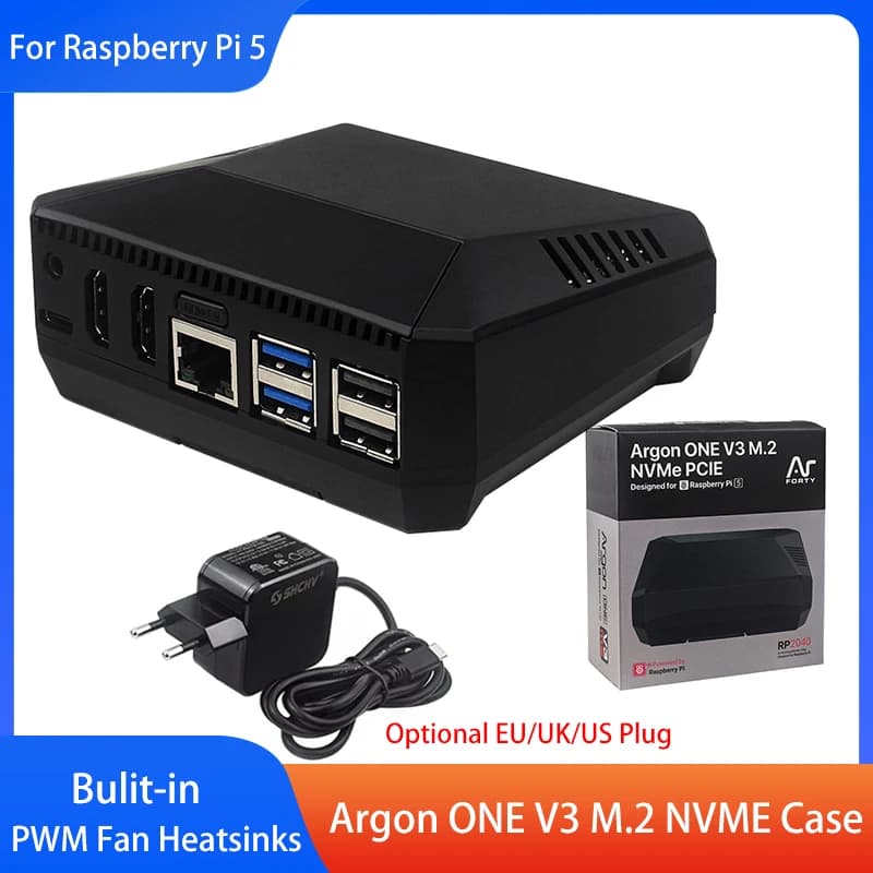 Argon ONE V3 M.2 NVME Case Aluminum Shell Bulit-in PWM Fan Heatsinks Optional Power Supply For Raspberry Pi 5