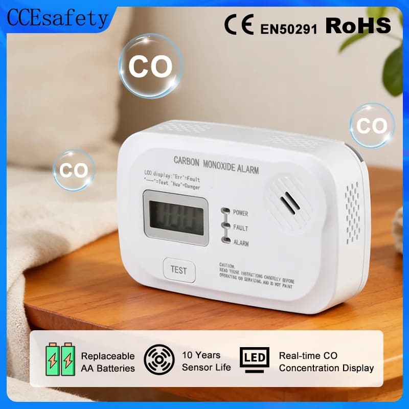 Rilevatore di monossido di carbonio EN50291 Sensore di CO da 10 anni Allarme portatile di monossido di carbonio per la casa RV Viaggio LCD Dispaly batterie AA