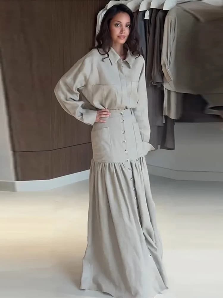 Vintage Solid Shirt Skirt Women Set Lapel Button Long Sleeve Blouse Patchwork Skirts 2026 Summer Autumn Lady Outfit Suit New