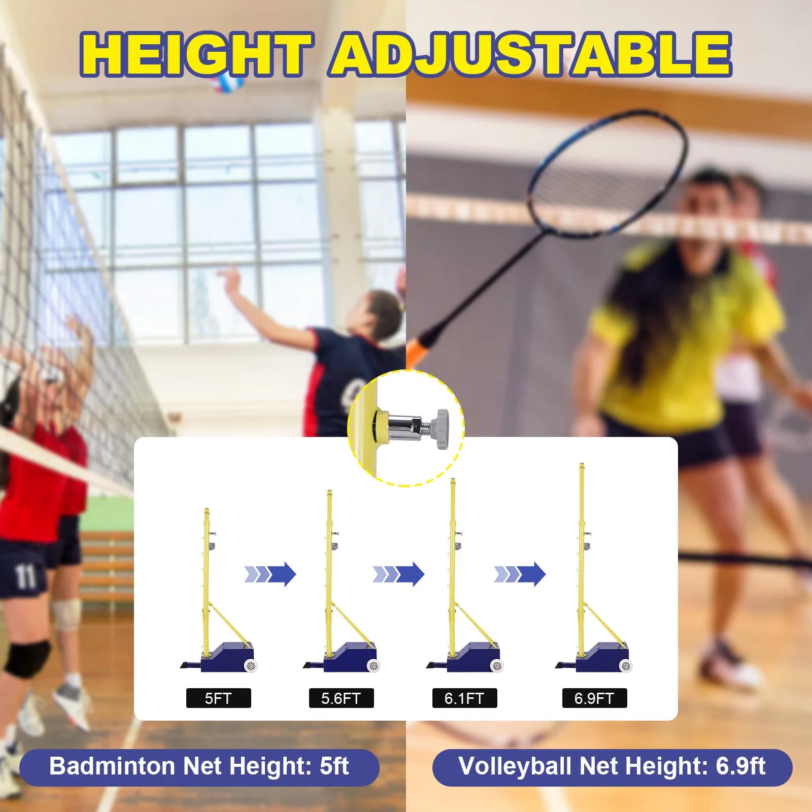 Pali da Pallavolo Resistenti con Ruote e Reti, 2 Altezze Regolabili per Giardino, Esterni e Stadi
