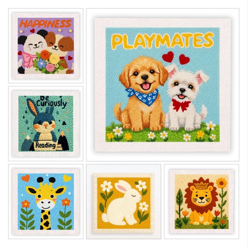 Kit per Punch Needle con telaio per principianti, motivi animali, ricamo a pungolo, pittura con filati, decorazioni artigianali