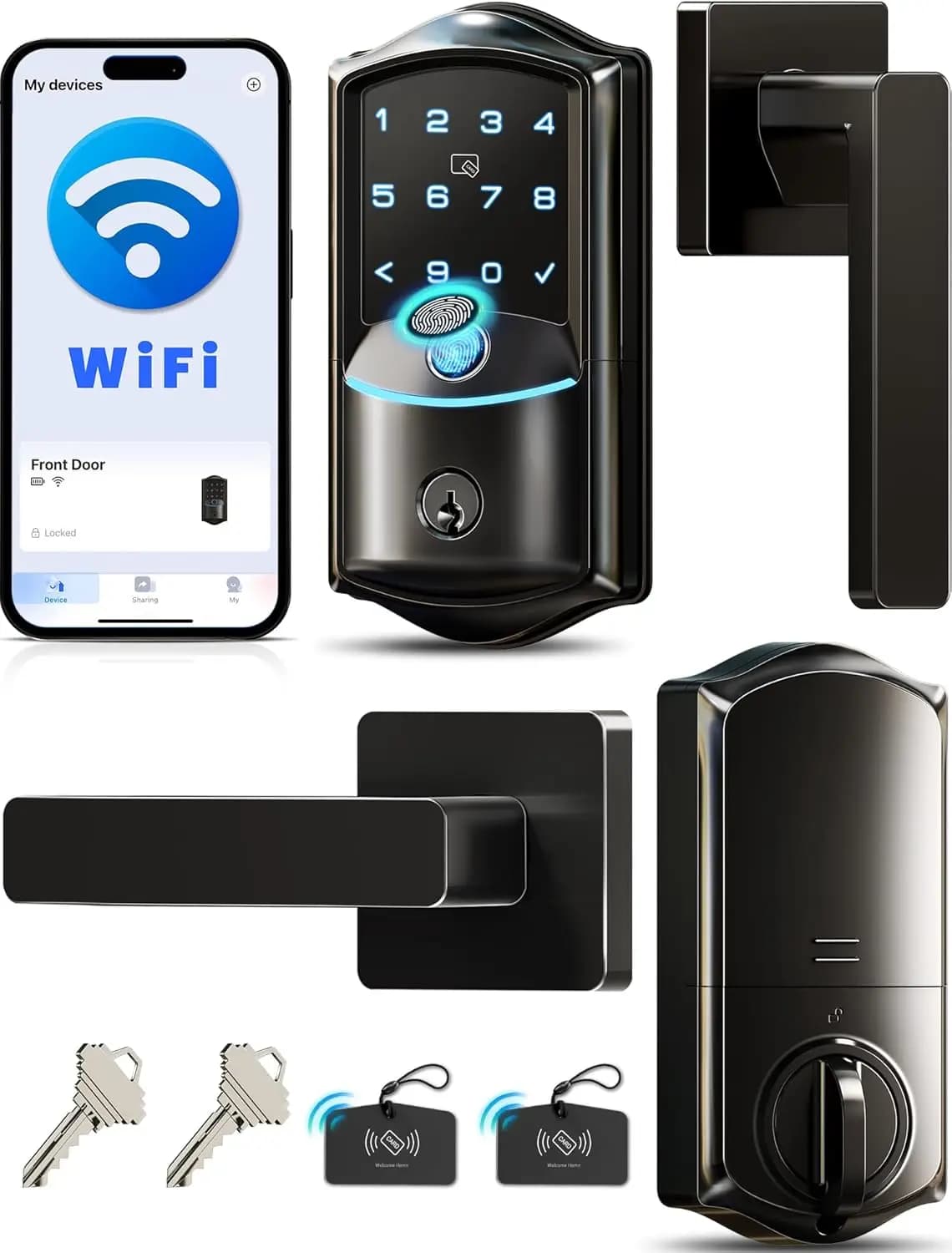 Serratura Intelligente WiFi con Impronta Digitale, Controllo Vocale, App Remota e Chiusura Automatica per Porta d'Ingresso in Nero Opaco