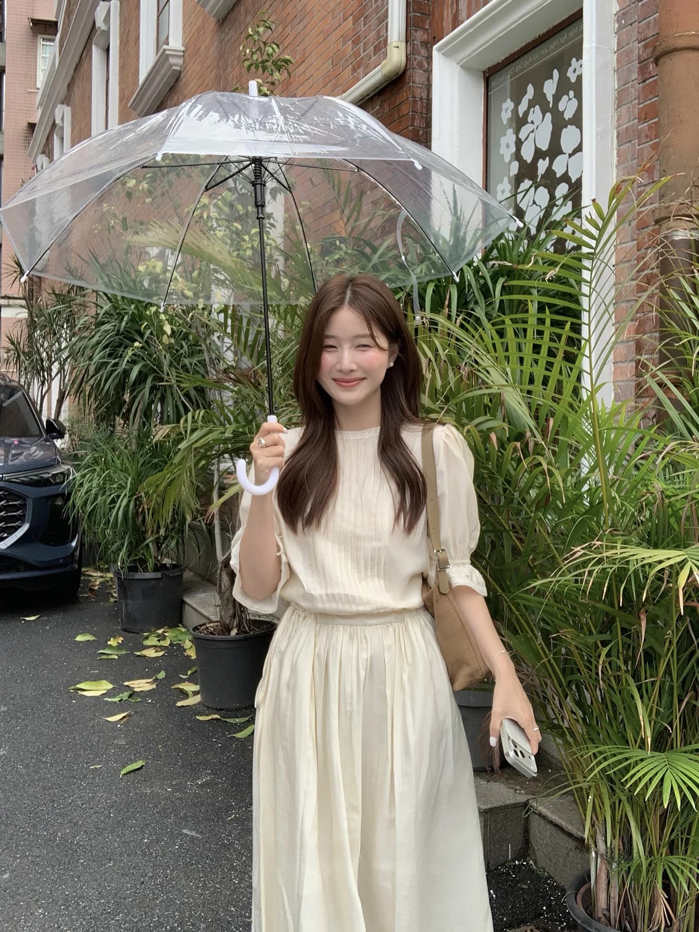 Miao White Apricot Truffle Korean Style Women's Dress Spring Summer Gentle Elegant Bubble Sleeve Unique Design Long Dress