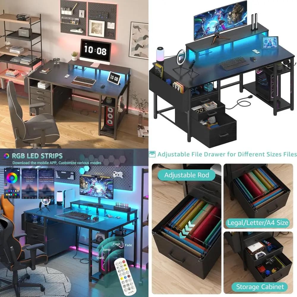 Scrivania da gioco 55 illuminata a LED con prese di corrente, cassetti e supporto per monitor in nero per l'home office