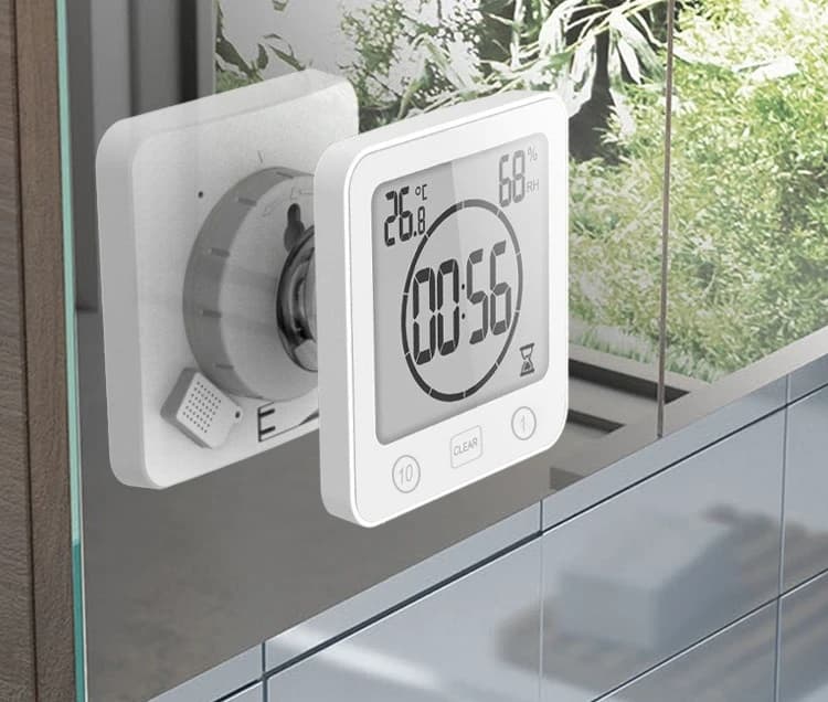Orologio da bagno impermeabile da 1/10 minuti, orologio da parete, igrometro con timer per il conto alla rovescia da cucina a ventosa