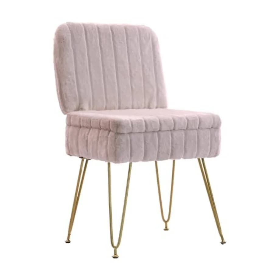 Sedia Vanity con Contenitore, Pouf Pieghevole Comodo con Schienale, Seduta Imbottita in Finta Pelliccia, 4 Robuste Gambe in Metallo, Piedini Antiscivolo, Ideale per Camera da Letto