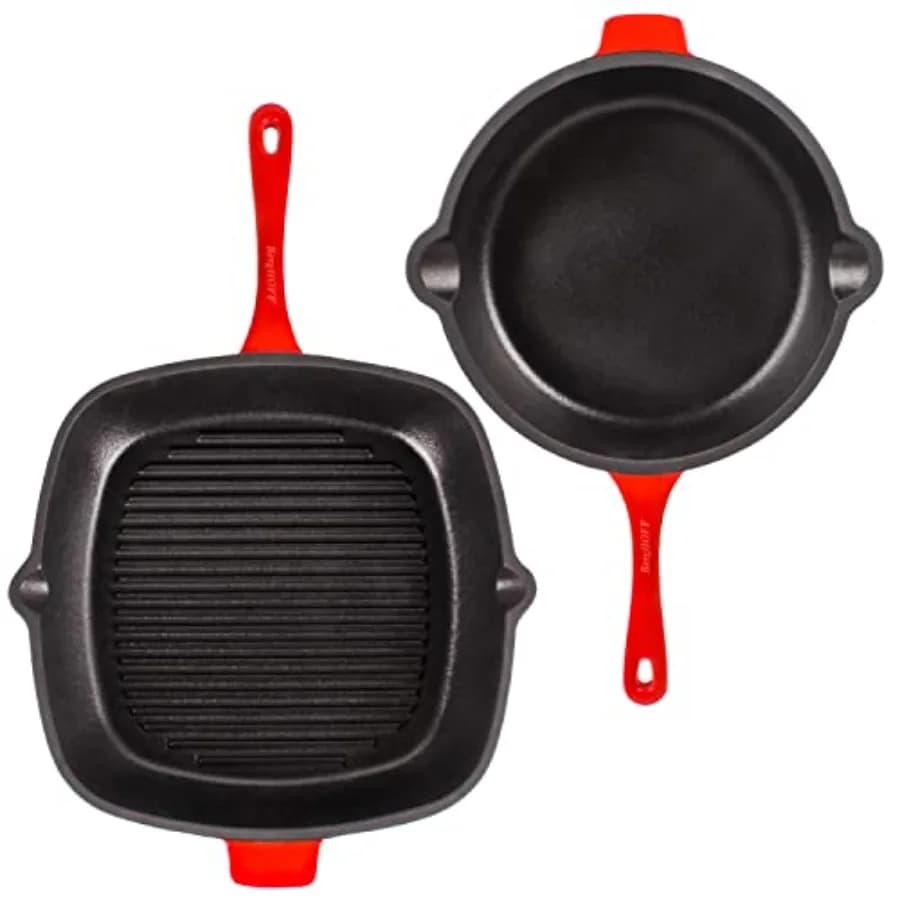 Set of 2-piece neo glazed cast iron pots, 11 inch pan, 10 inch pan, safe up to 400 ° F Red