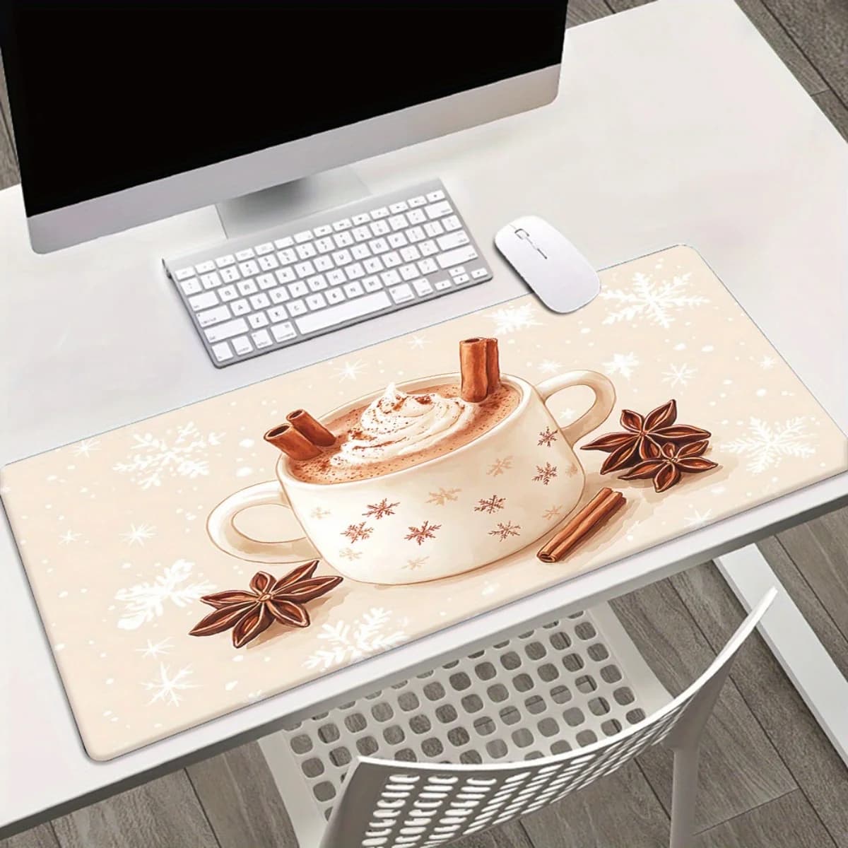 Tappetino per Mouse XXL con Motivo Cacao Caldo e Spezie alla Cannella, Base in Gomma per Gaming e Ufficio