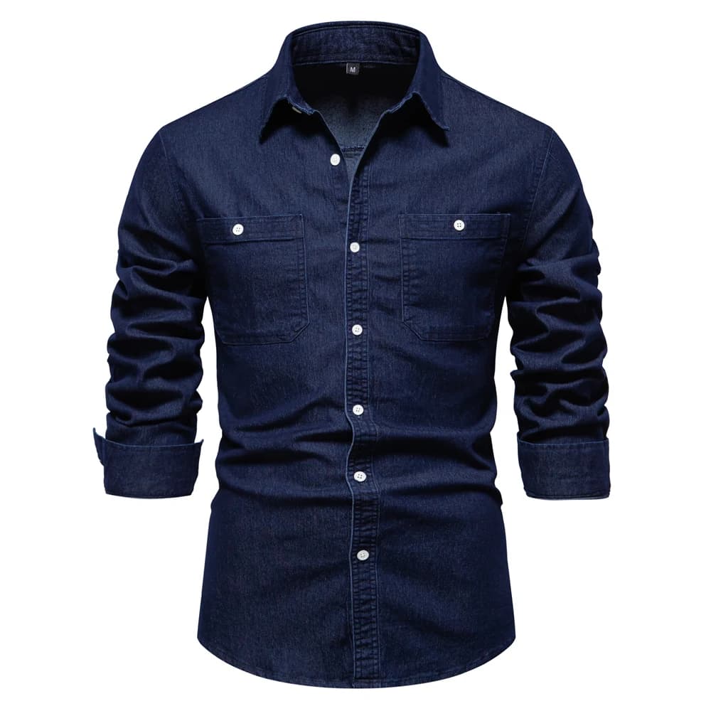 2023 camicia di jeans da uomo nuova autunno cotone elastico casual design sociale doppie tasche jeans slim camicie per uomo