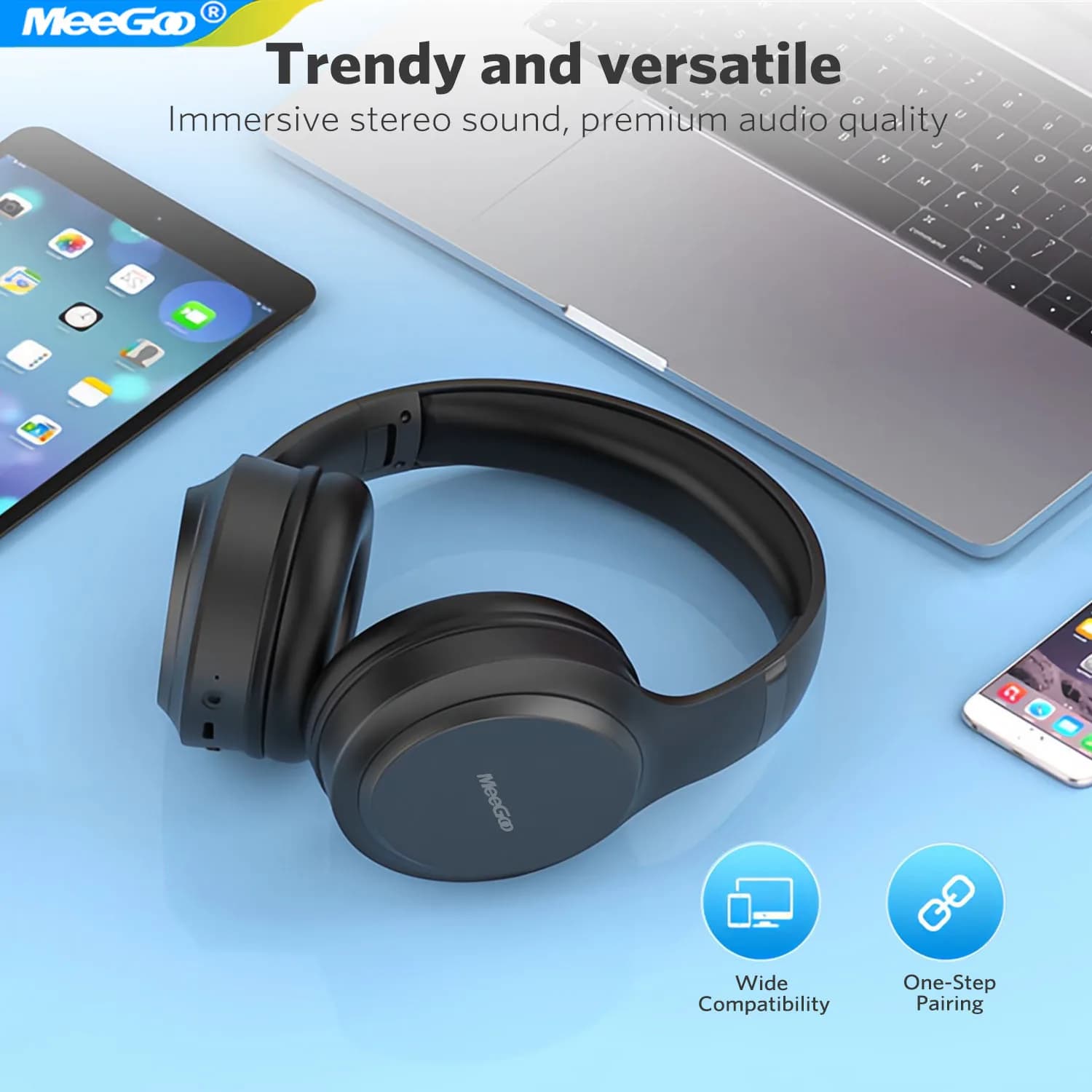 MeeGoo Cuffie senza fili Auricolari Bluetooth 5.4 Auricolari stereo pieghevoli Super Bass Microfono con riduzione del rumore per PC portatile TV Nuovo