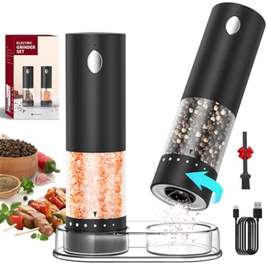 Set Macinapepe e Macinasale Elettrico Ricaricabile con 6 Livelli di Regolazione della Macinatura, Base di Ricarica con Luce LED Bianca, Nero e Bianco