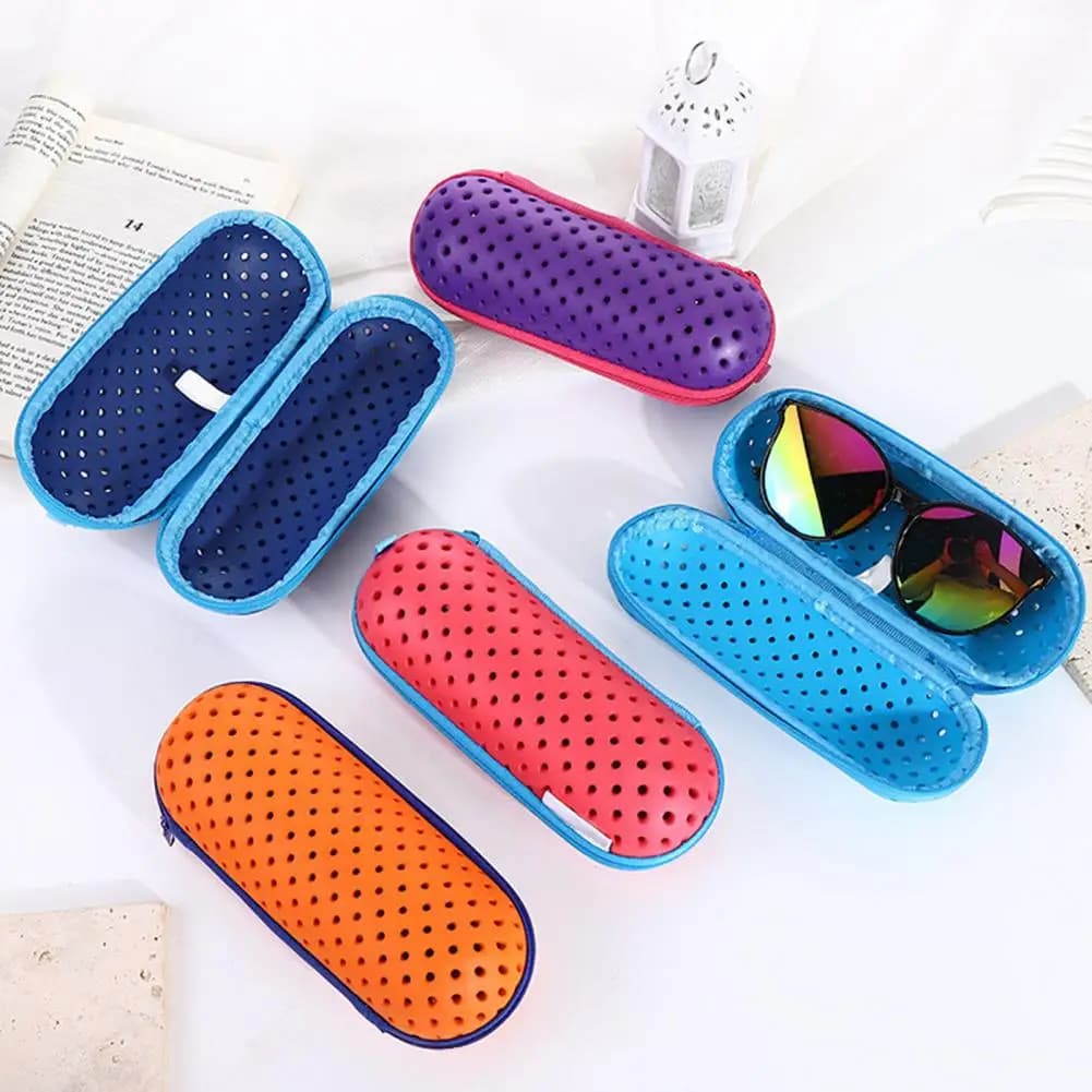 Swimwear with zipper closure, eyewear, ventilated design glass box to store swimming equipment