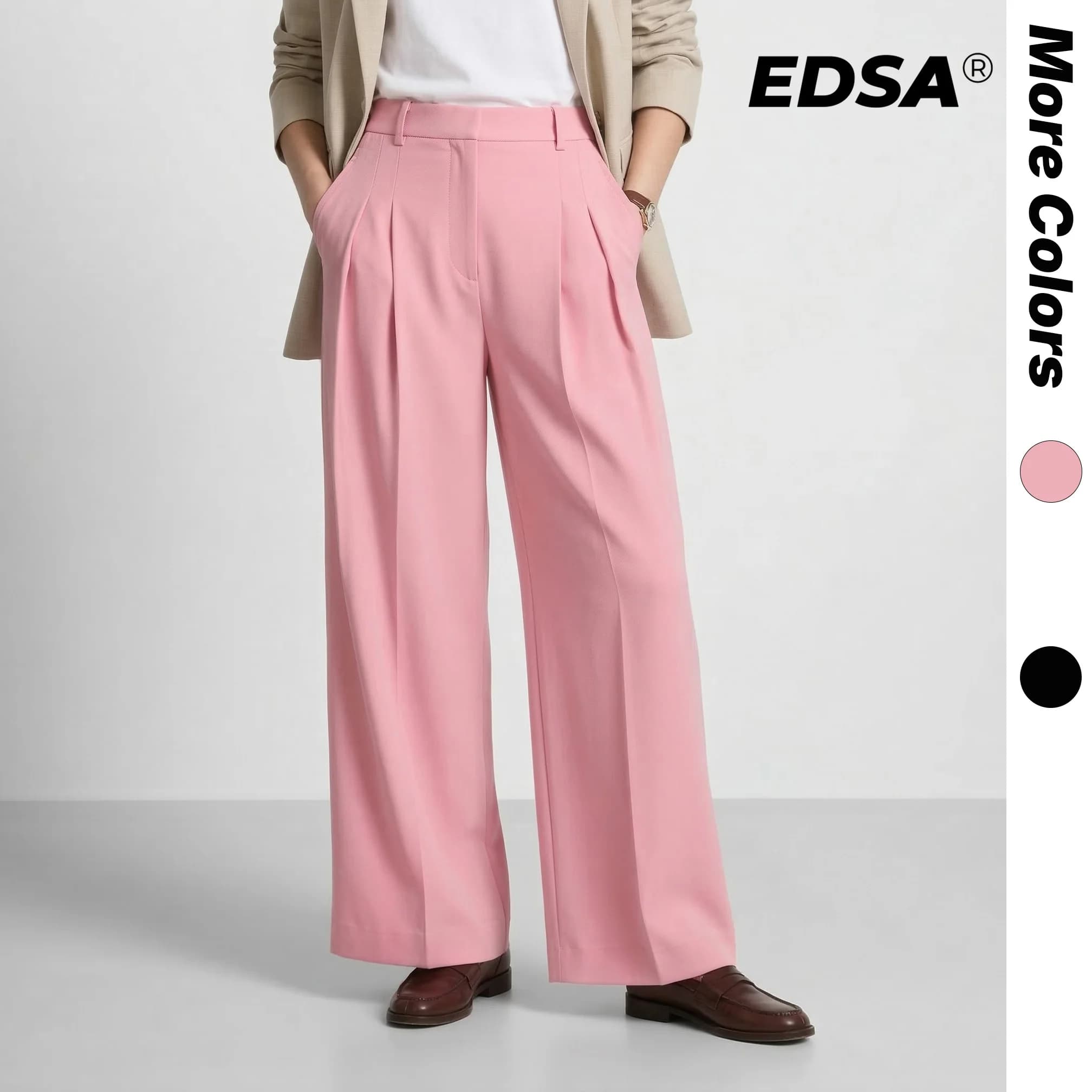 EDSA Pantaloni da donna a vita alta, gamba larga, dritti, con passanti per cintura, per l'ufficio, tinta unita, abbinabili a tutto, pantaloni lunghi