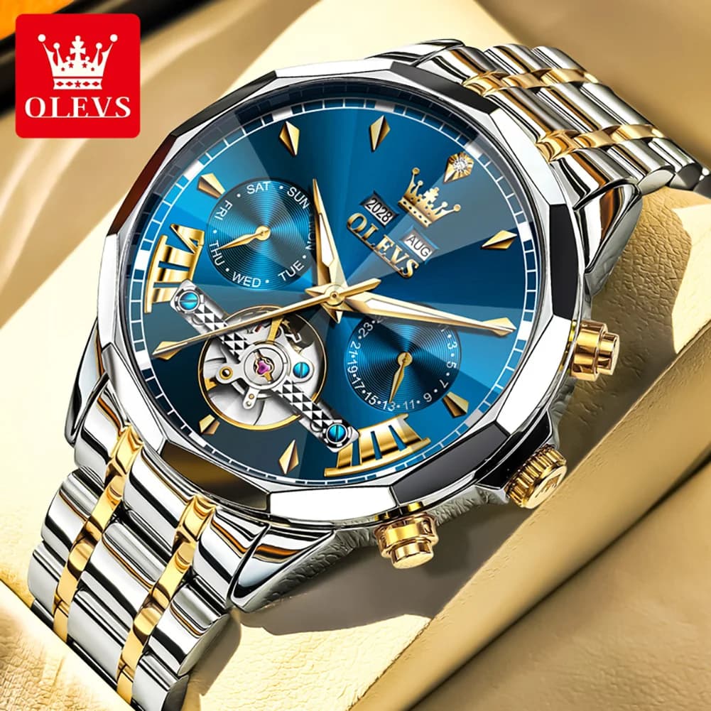 OLEVS 6619 Watch Automatic Original Men's Watch, Diamond Shape Glass, Scheletrated, Multifunction, Mechanical