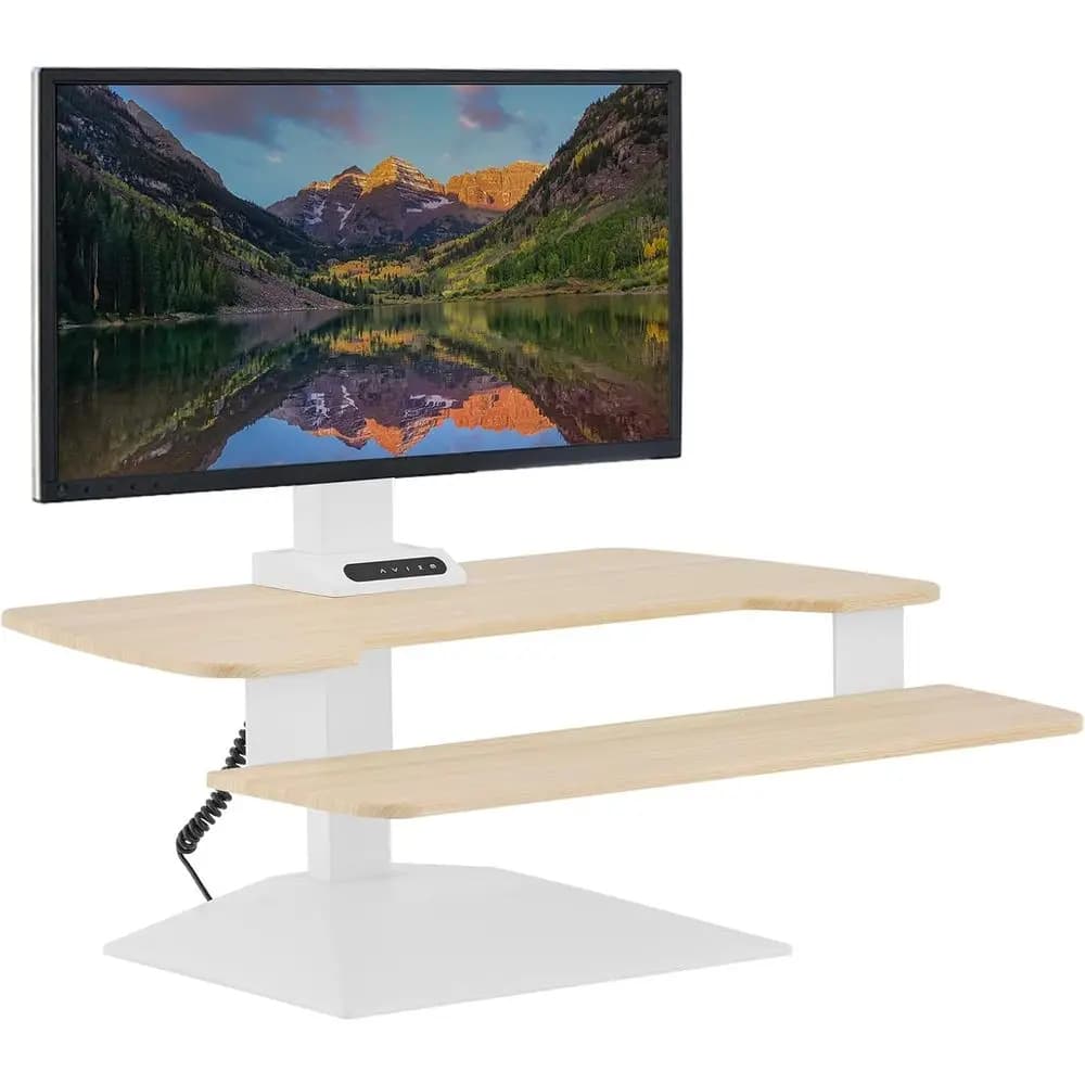 Convertitore per Scrivania Elettrica Regolabile in Altezza - Rialzo per Scrivania da Ufficio Domestico - Postazione di Lavoro per Singolo Monitor (Legno Chiaro)