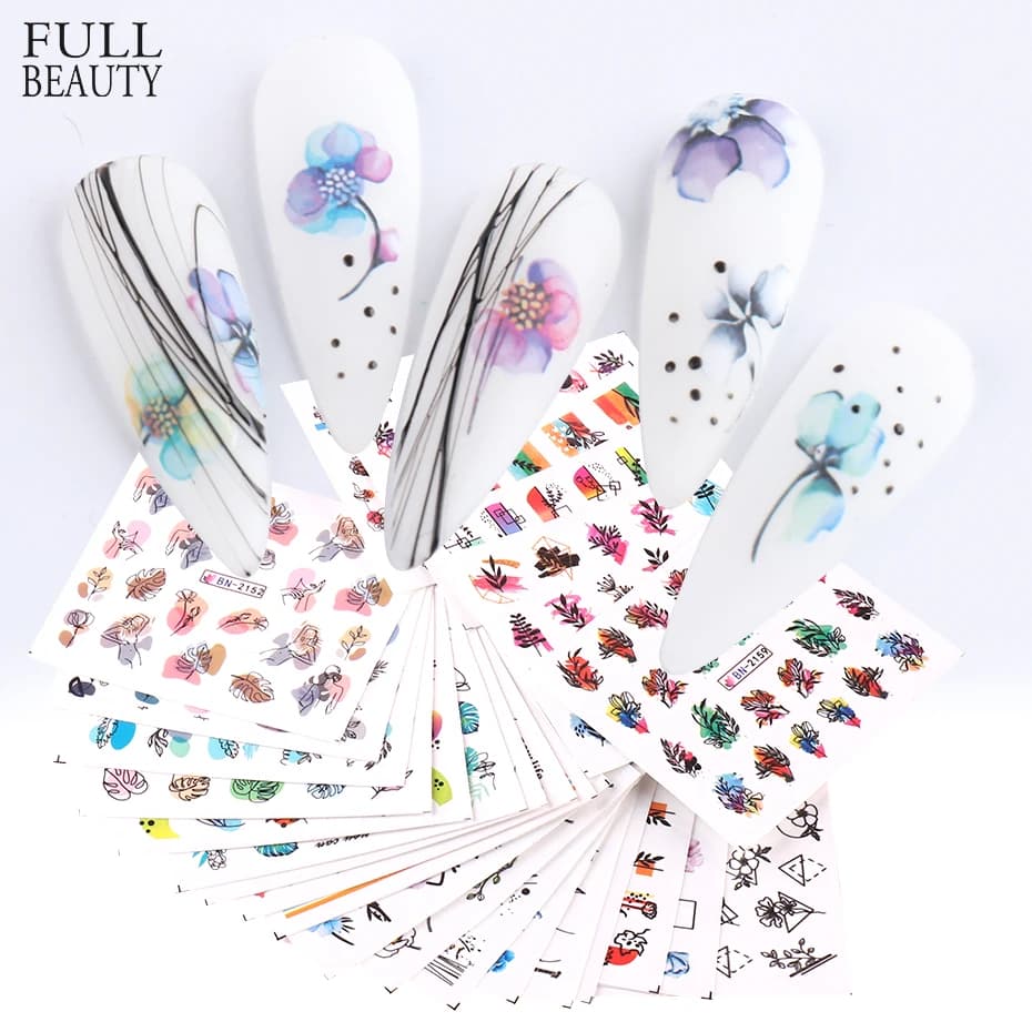 24pcs / Set Spring Summer nail Sticker Water Decal Nail Art Ink Flowers Leaves Graffiti Slider for Nail Decoration Foils Tattoo