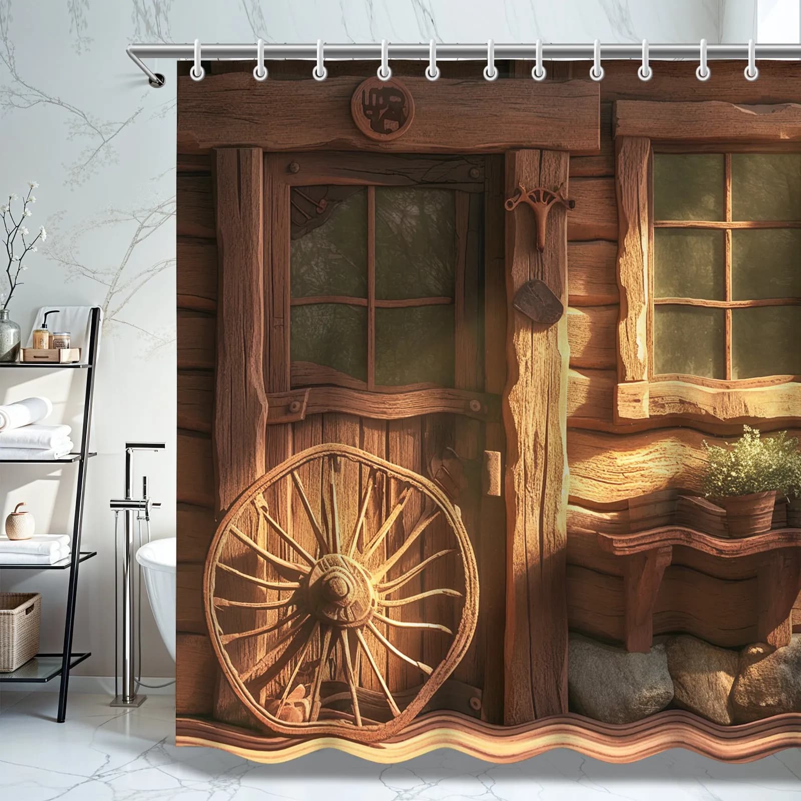 Tenda da doccia con motivo rustico in legno - Design artistico, poliestere, ideale per bagno/casa, regalo perfetto per l'inaugurazione della casa