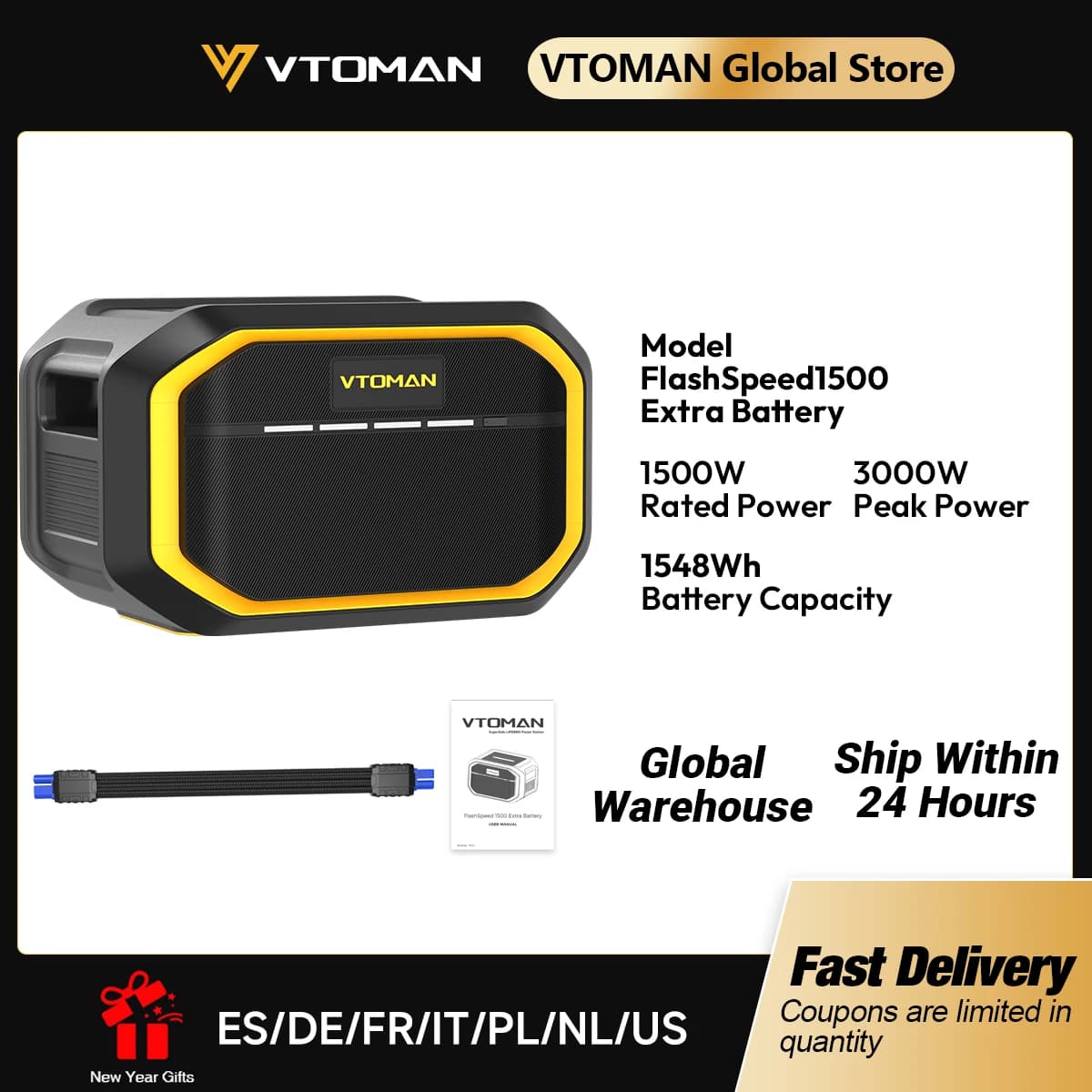 VTOMAN Questa batteria extra FlashSpeed1500 è o1548Wh per la centrale elettrica VTOMAN FlashSpeed1000/FlashSpeed1500 con 1500 W (3000 W di picco)