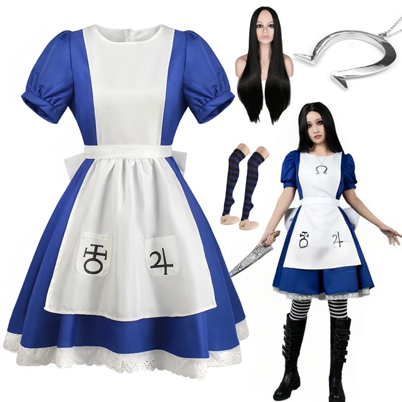 Halloween Alice Madness Returns Costume cosplay e grembiule da cameriera vestito e calzini da donna Anime Girl Women Carnival Party Dress Up