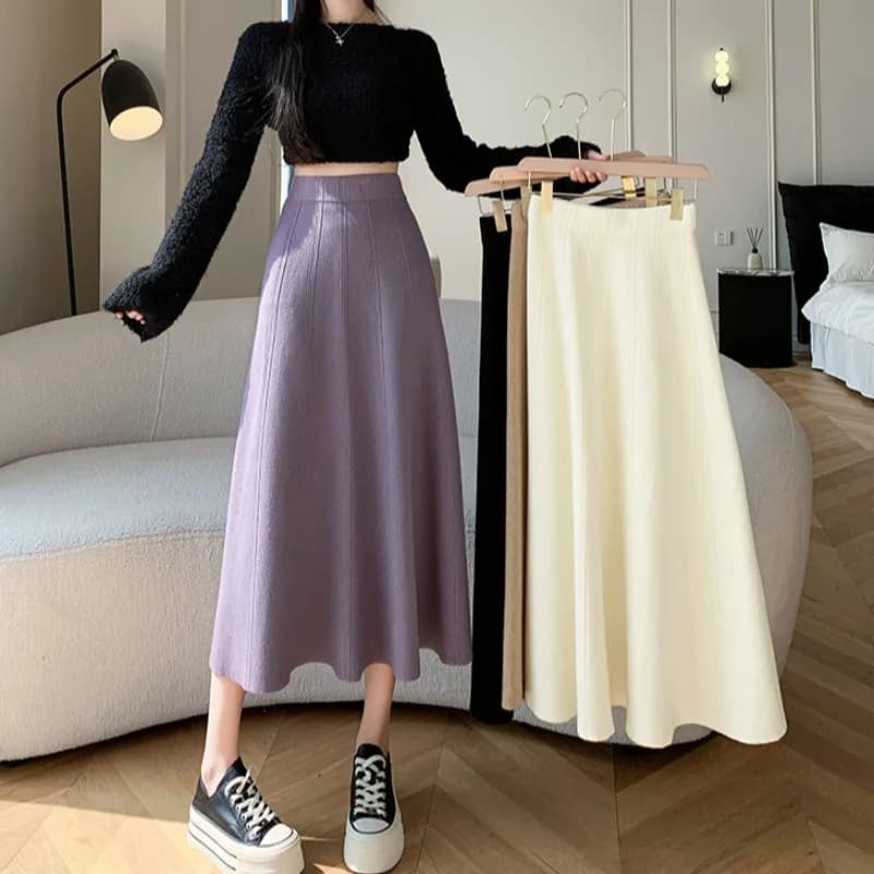 Gonna a vita alta a trapezio in maglia morbida, lunghezza midi, che copre i fianchi, taglie forti da donna, con grandi pieghe a ombrello
