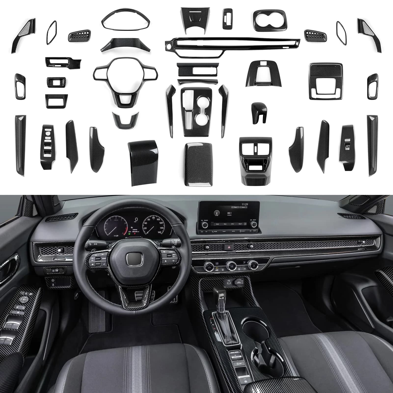Per accessori Honda Civic 11a generazione (2022-2026), rivestimento del volante, pannello del cambio della console centrale, adesivo ABS in fibra di carbonio
