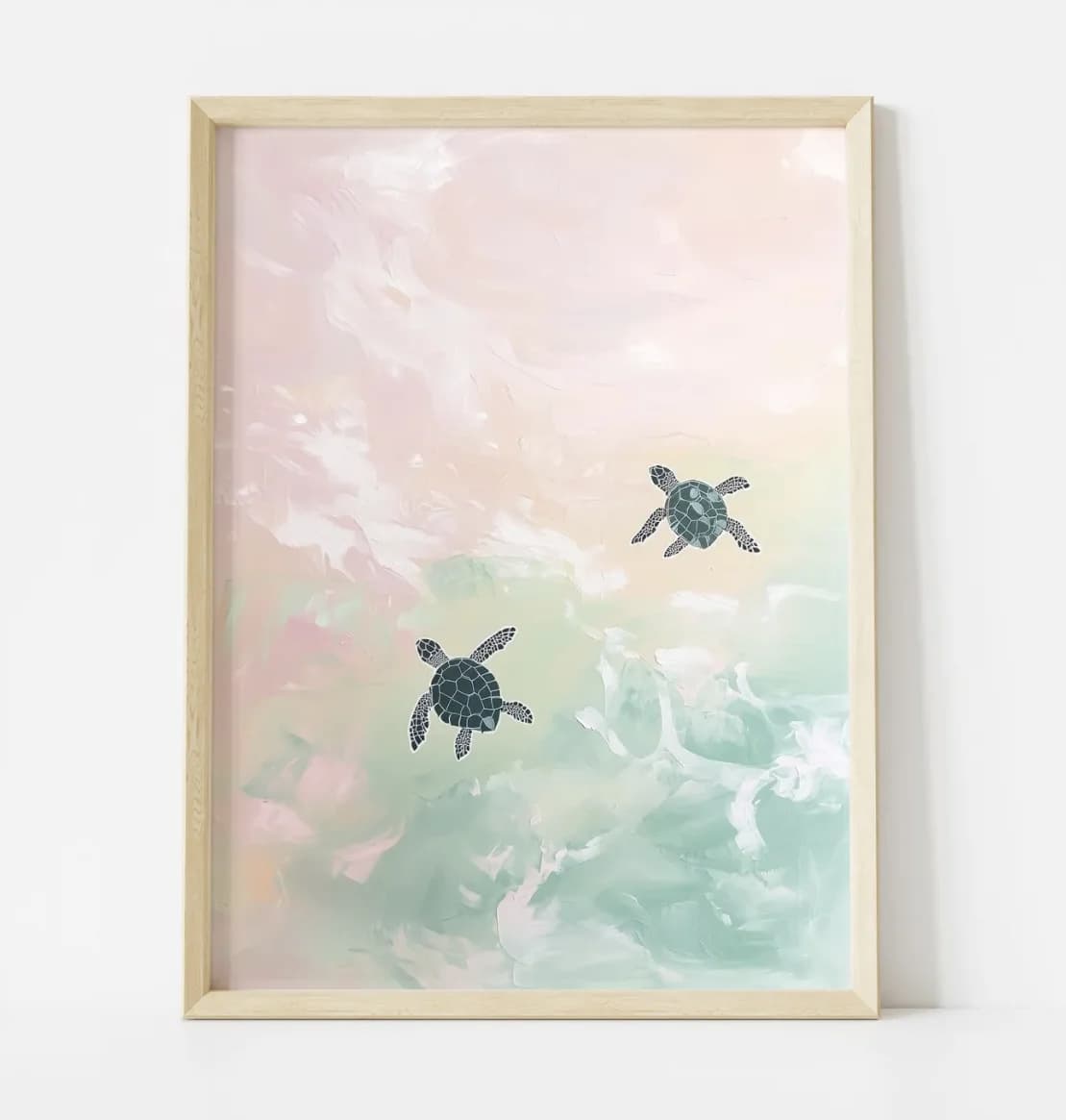 (No frame)Pastel Ocean Sea Turtle Canvas Print, Soft Pink Green Abstract Sea Wall Art Decor for Nursery, Bedroom, Bathroom, L