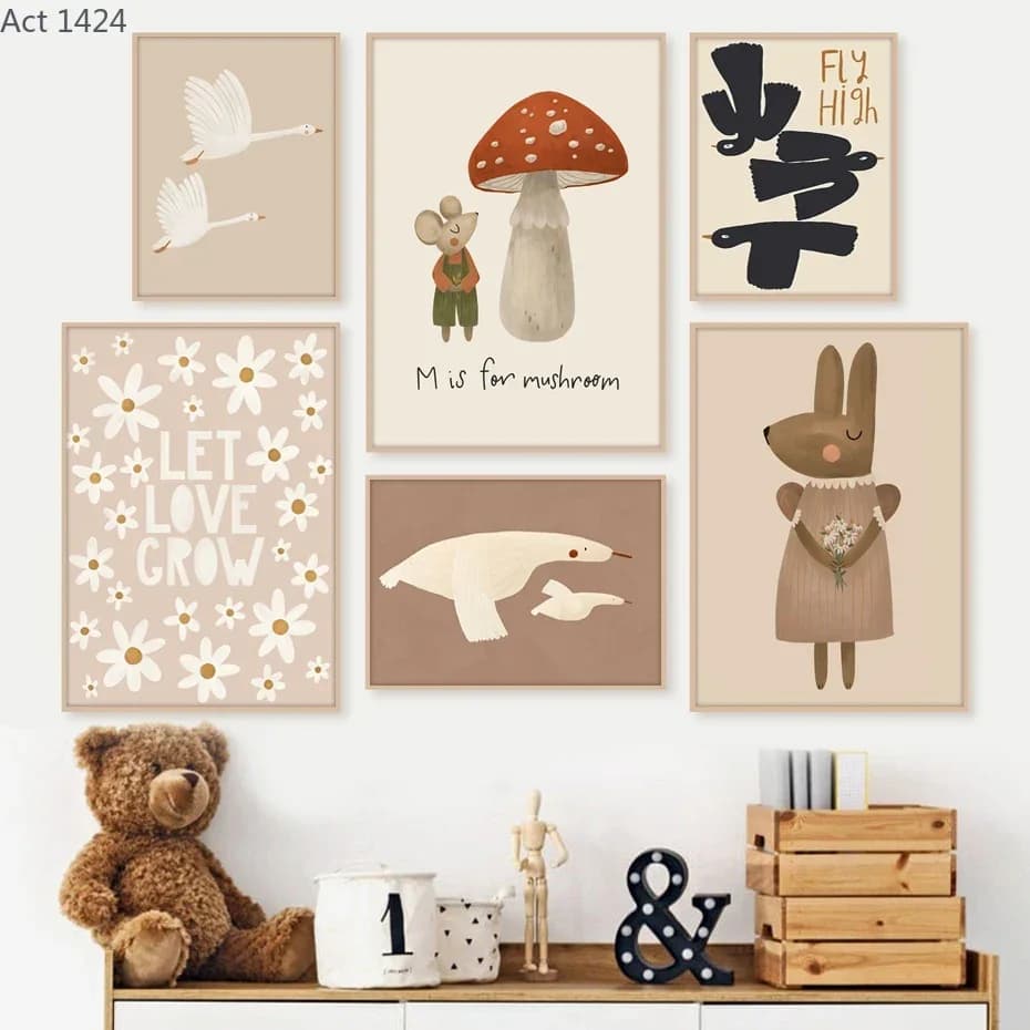 Boho Cartoon Rabbit Mouse Goose Posters Nursery Wall Art Canvas Painting Nordic Retro Poster Wall Picture Baby Kids Room Deco