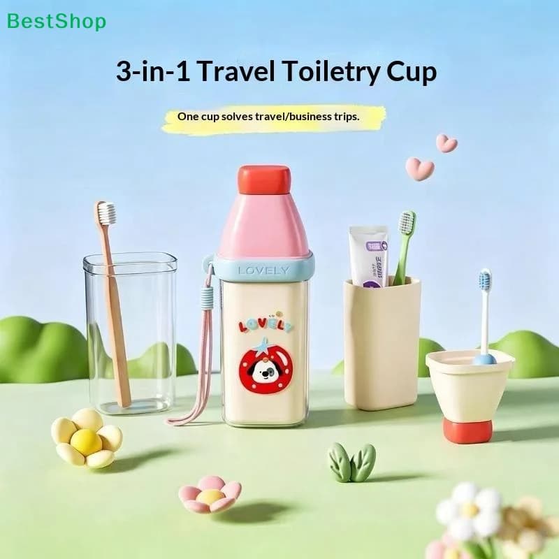 Plastic 3 In 1 Toothbrush Cup Large Capacity Cartoon Toothbrush Toothpaste Storage Box Space Saving Toothbrush Cup Travel