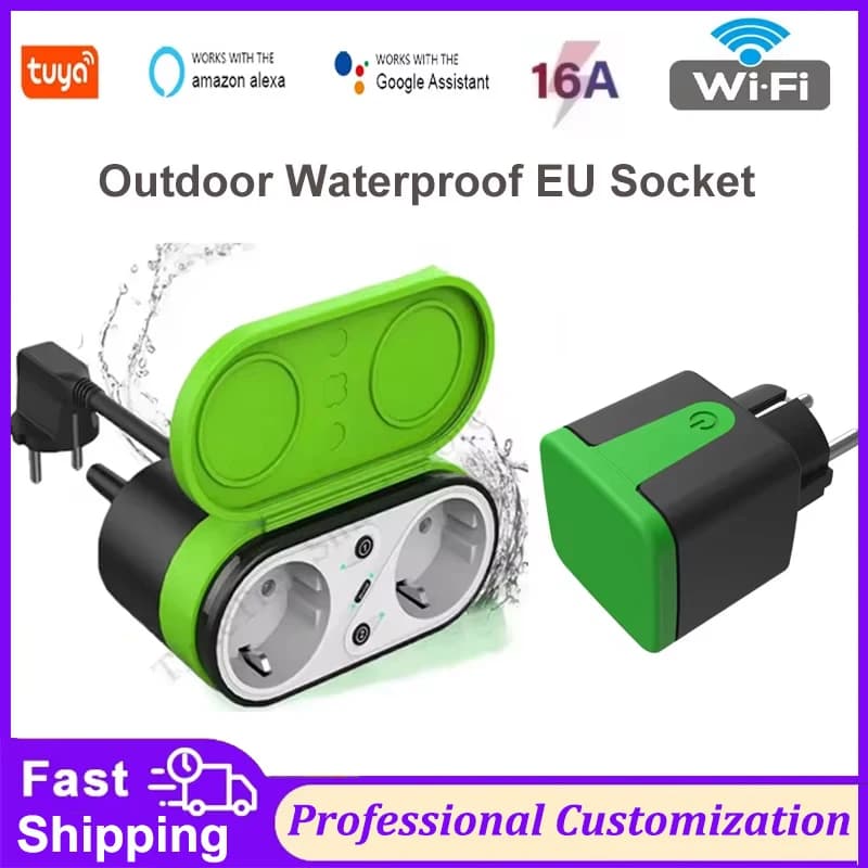 Presa Intelligente WiFi Tuya EU 16A per Esterni, Impermeabile IP44, Doppia Presa Intelligente con Timer, Controllo Vocale tramite App, Compatibile con Alexa e Google