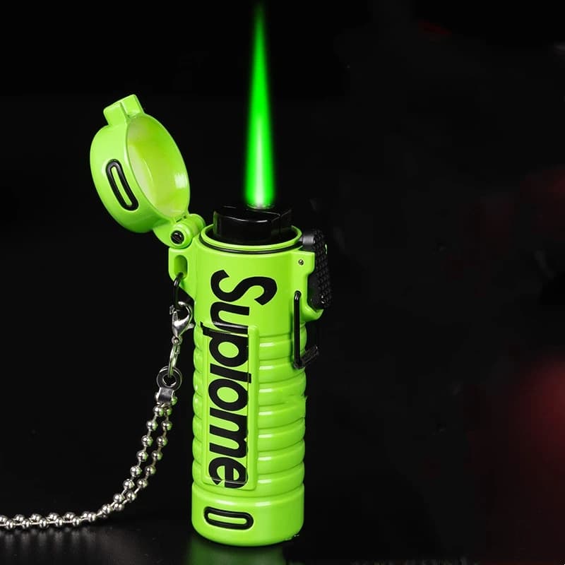 Nuovo accendino gonfiabile con ciondolo antivento per esterni Lettera di moda Jet Flame Forte potere di fuoco Accessorio portatile Accendino Regalo da uomo