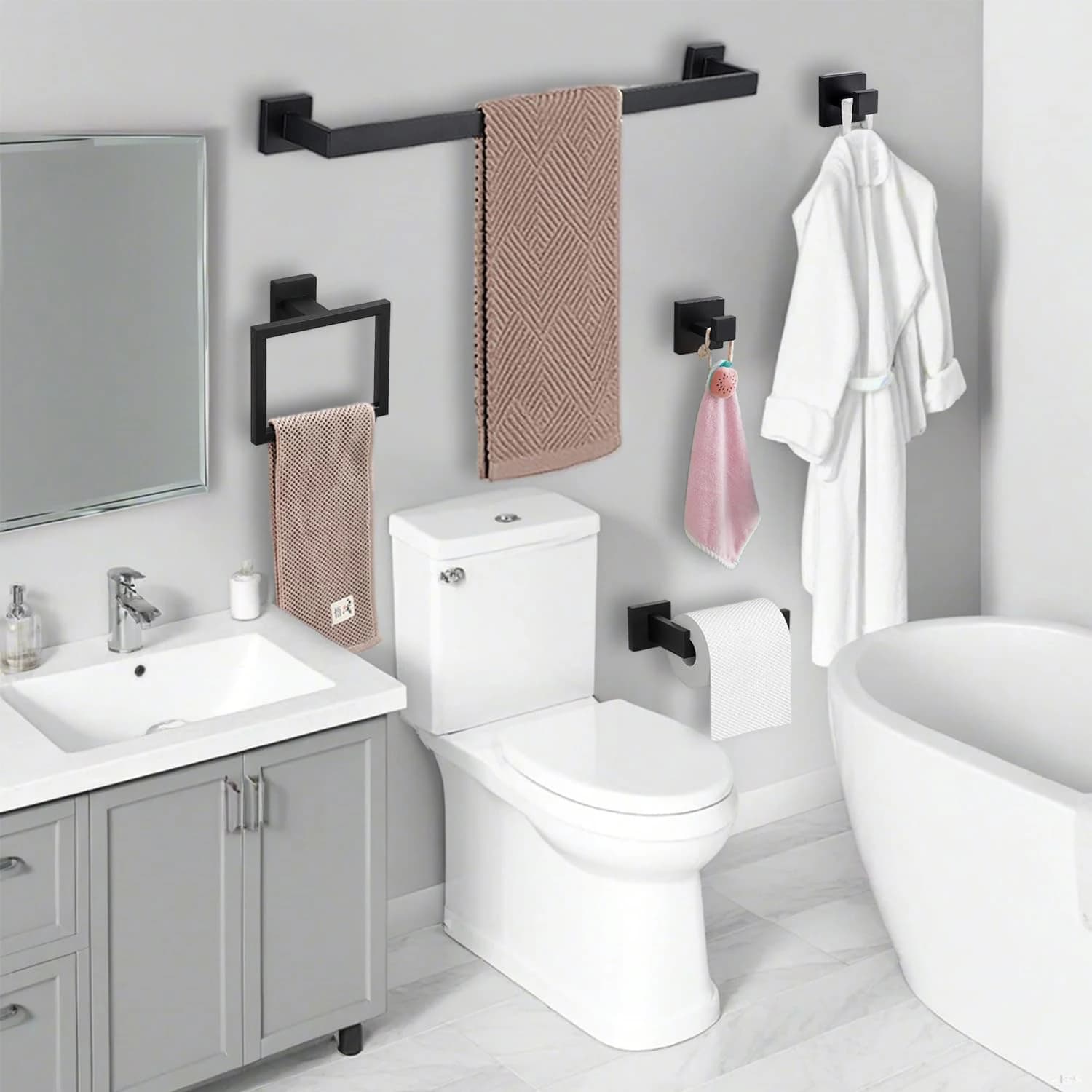 Mensola in acciaio inossidabile nero opaco, gancio per accappatoio, portasciugamani, porta carta velina, set di accessori per il bagno